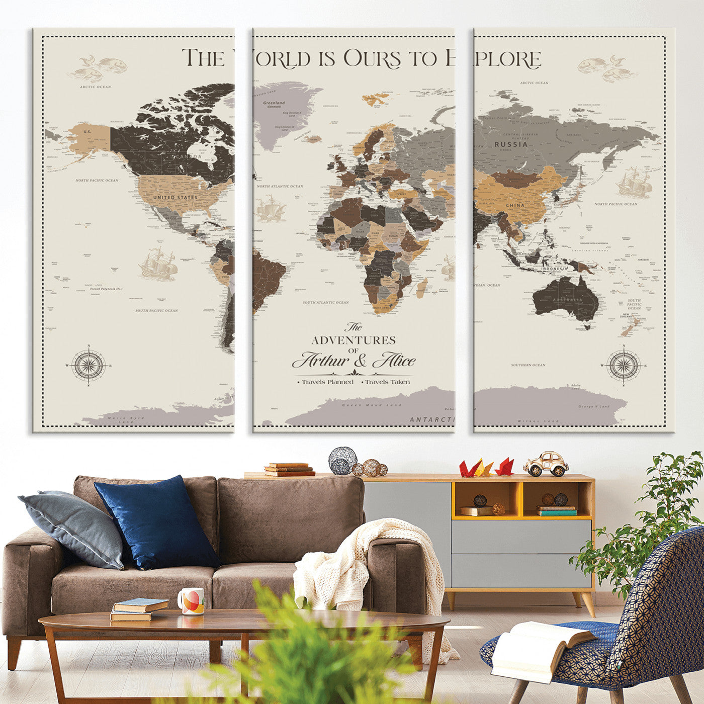 -Personalized World Map Canvas Custom Framed Push Pin Travel Tracker Contemporary Wall Art Gift Couples Explorers Home Office