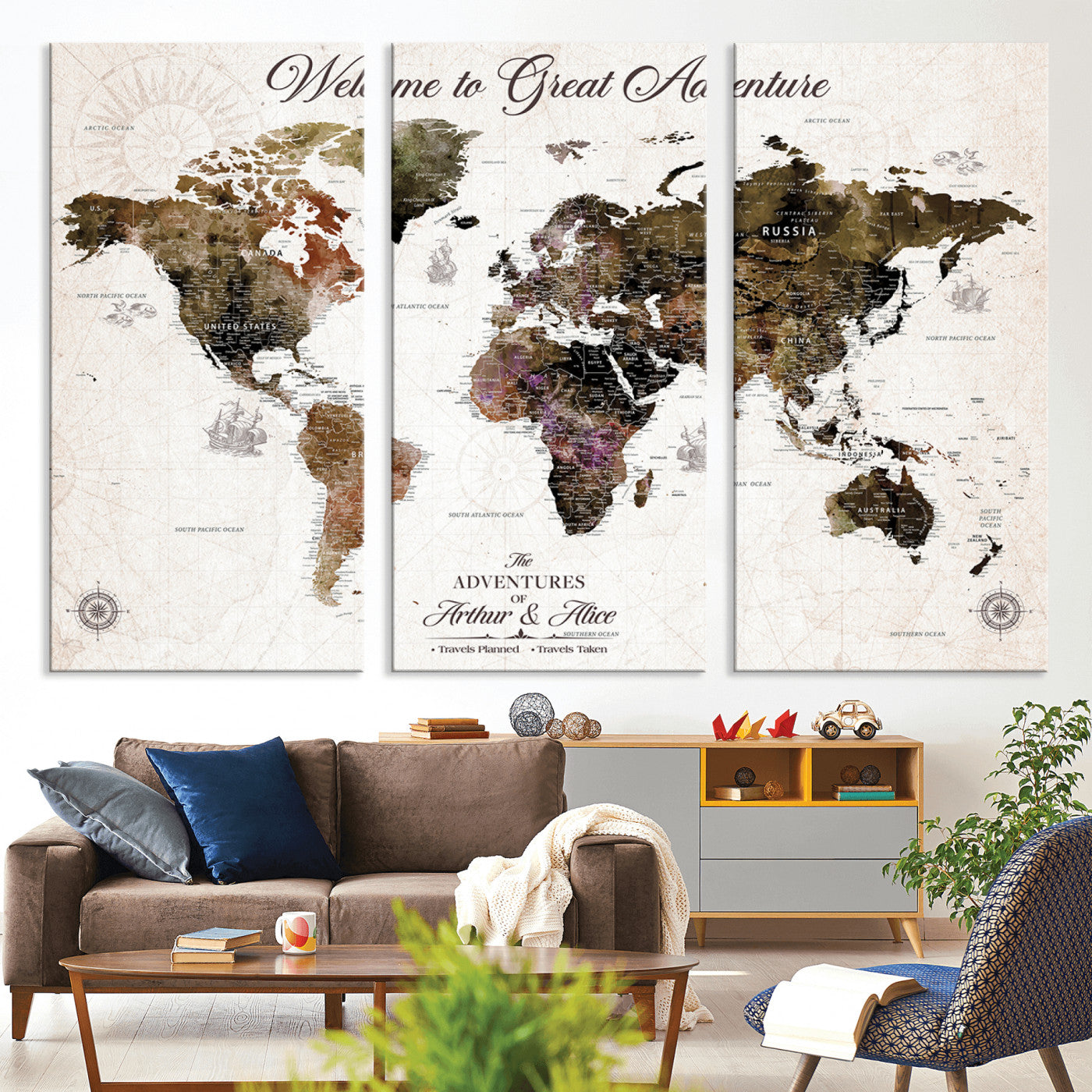 -Personalized World Map Canvas Custom Framed Push Pin Travel Tracker Vintage Adventure Wall Art Gift Couples Travelers Home, Office
