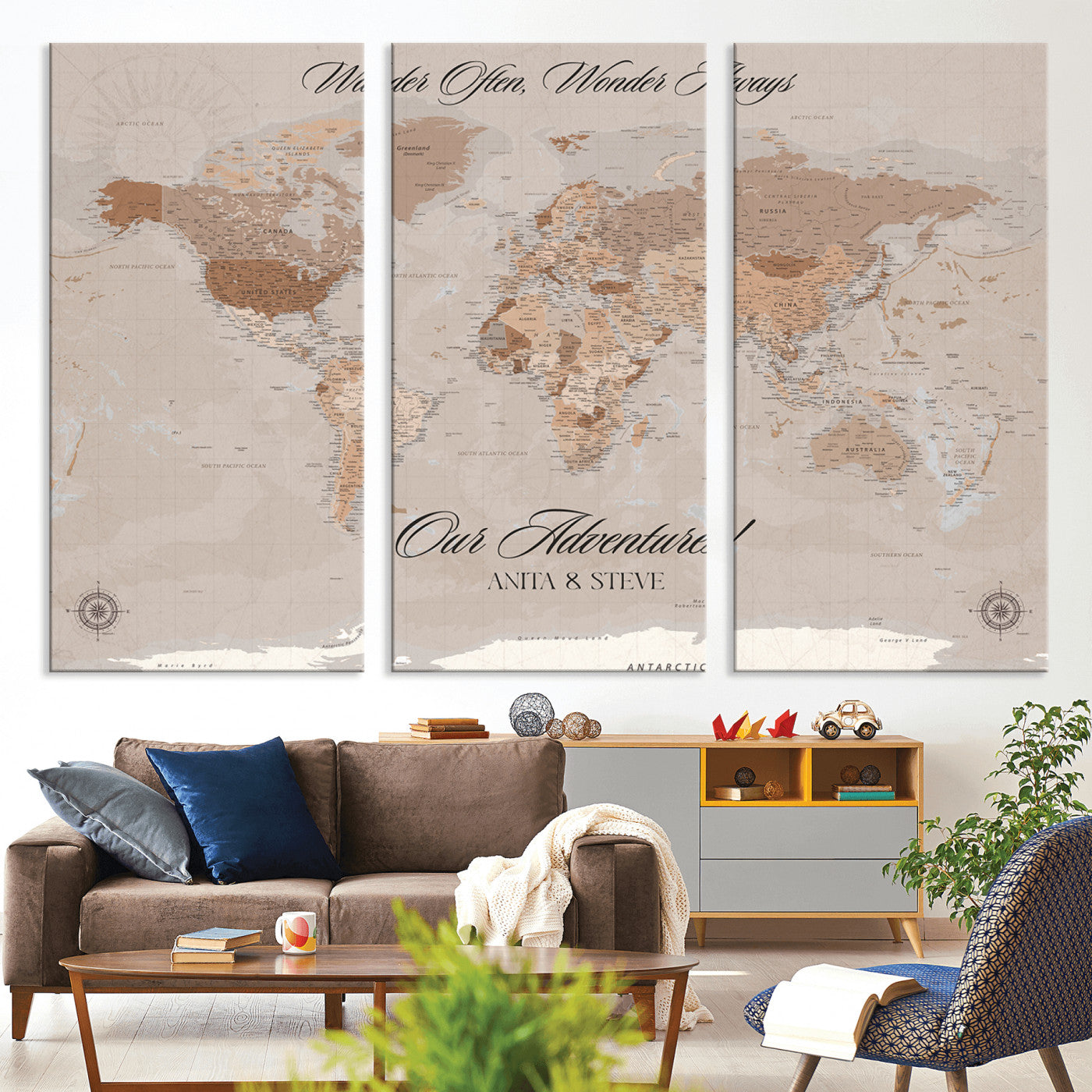 -Personalized World Map Canvas Custom Framed Push Pin Travel Tracker Elegant Neutral Wall Art Gift Couples Travelers for Home, Office