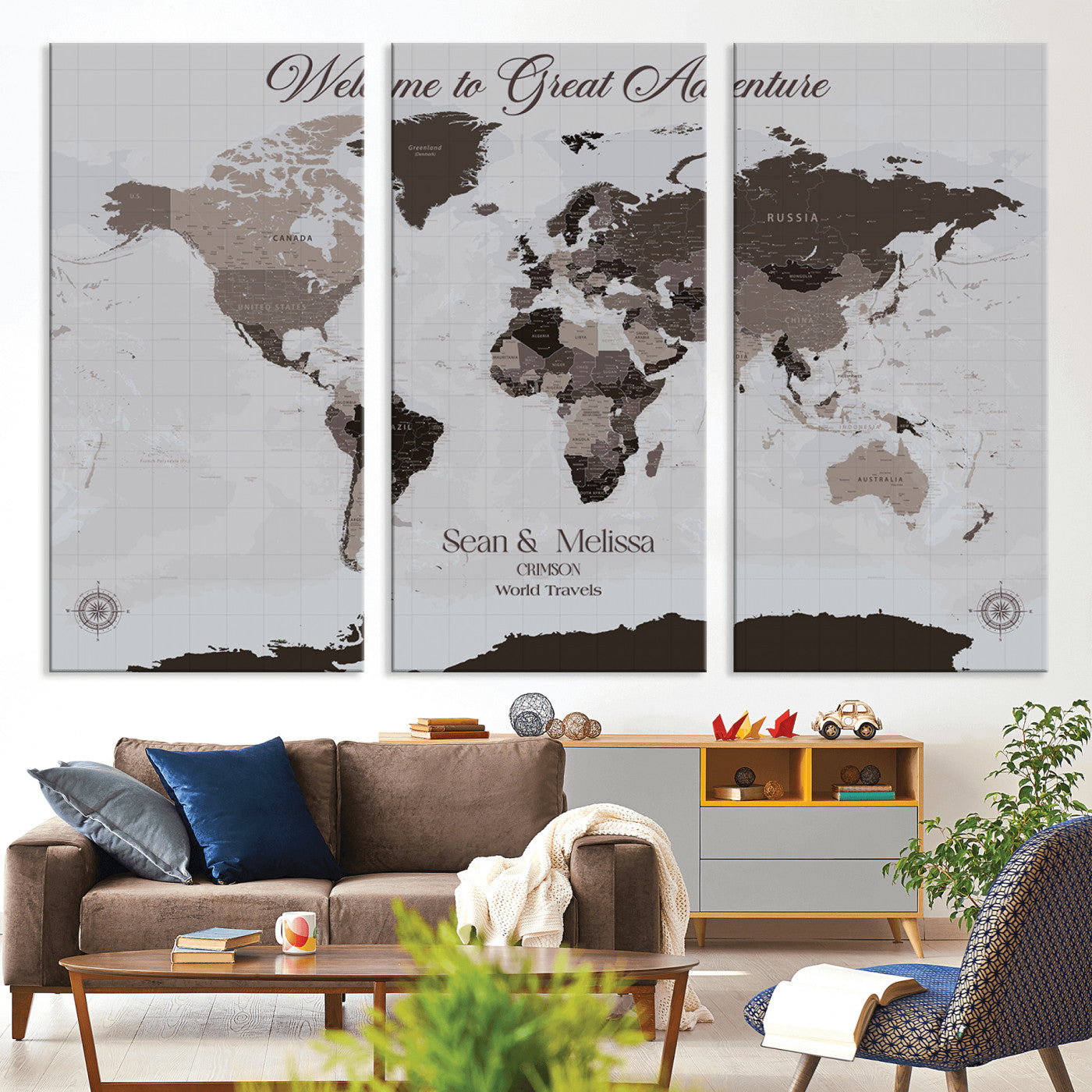 -Personalized Gray Brown World Map Canvas Custom Framed Push Pin Travel Tracker Modern Neutral Wall Art Gift Couples for Home, Office