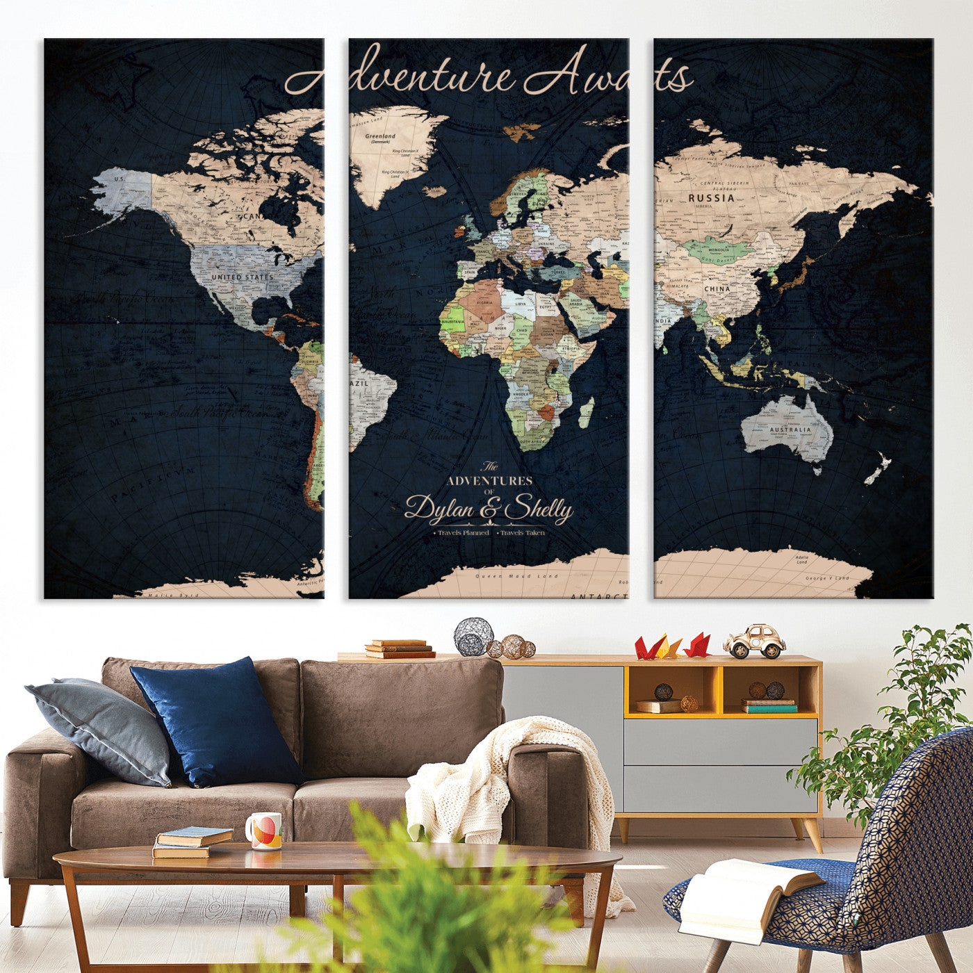 Rehber01-MGV-CV-36X24-Personalized World Map Canvas Print – Framed Push Pin Travel Wall Art for Couples – Adventure & Anniversary Gift
