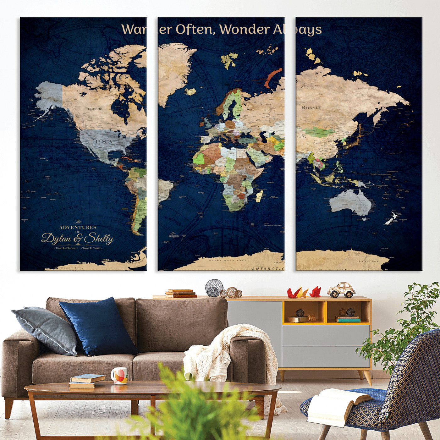 Rehber01-MGV-CV-36X24-Personalized World Map Canvas – Custom Framed Push Pin Travel Map Wall Art, Navy Blue Vintage Gift for Couples and Adventurers