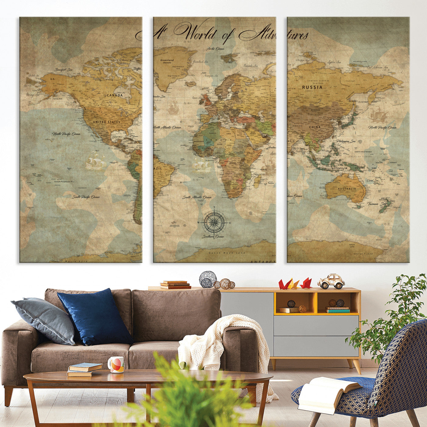 Rehber01-MGV-CV-36X24-Personalized World Map Canvas – Custom Framed Push Pin Travel Map Wall Art, Vintage Style Gift for Couples or Families