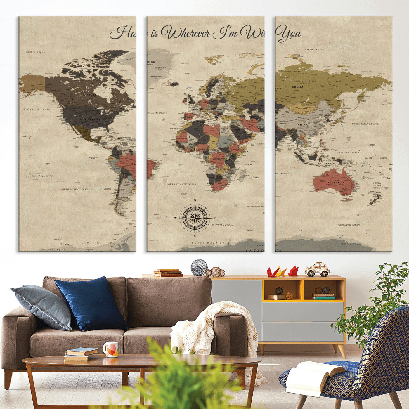 -Personalized World Map Wall Art Canvas Print – Customizable Push Pin Framed Travel Map Artwork for Home Office
