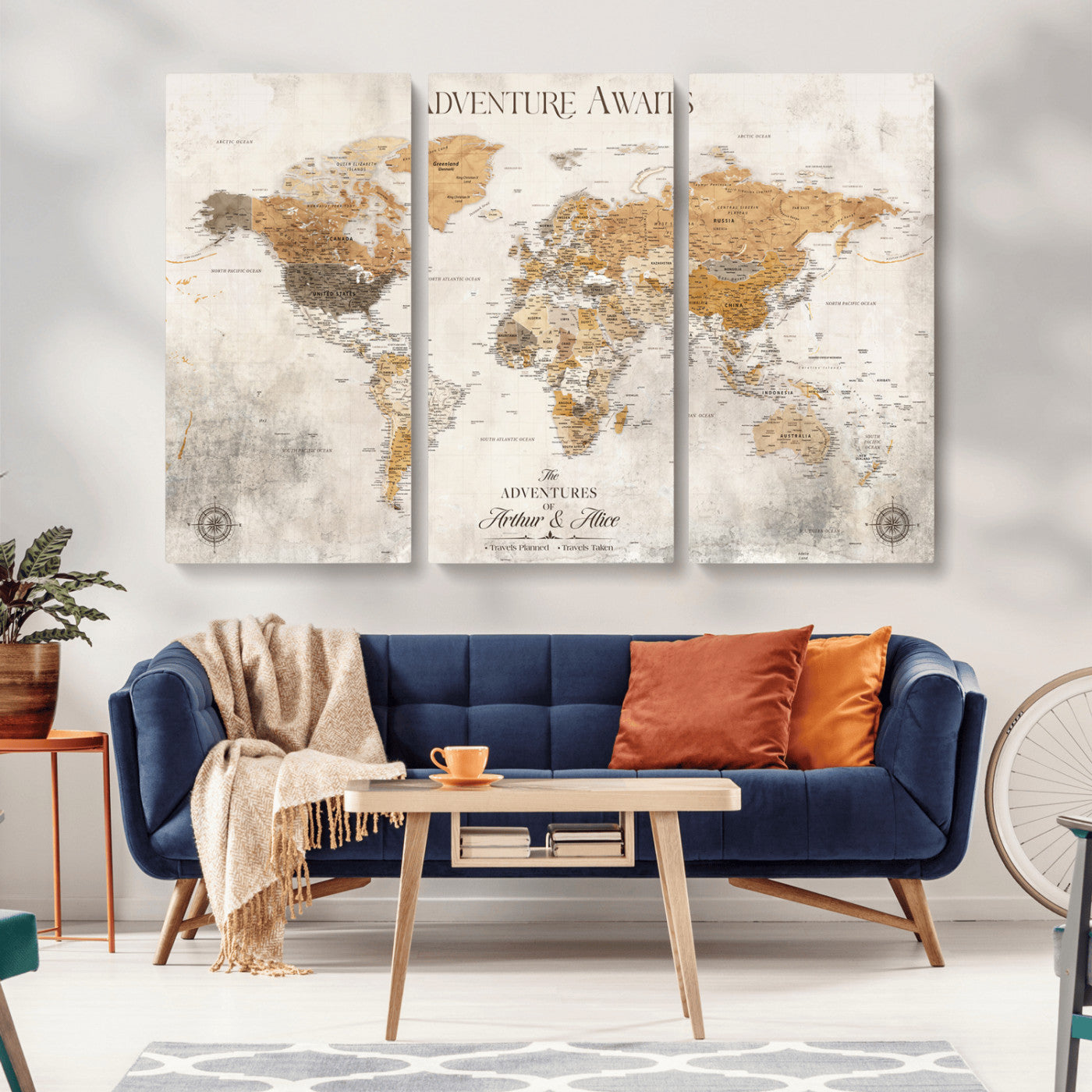 Rehber01-MGV-CV-36X24-Personalized World Map Canvas Print – Custom Push Pin Travel Map Vintage Neutral Style Gift for Couples Travelers for Home Office