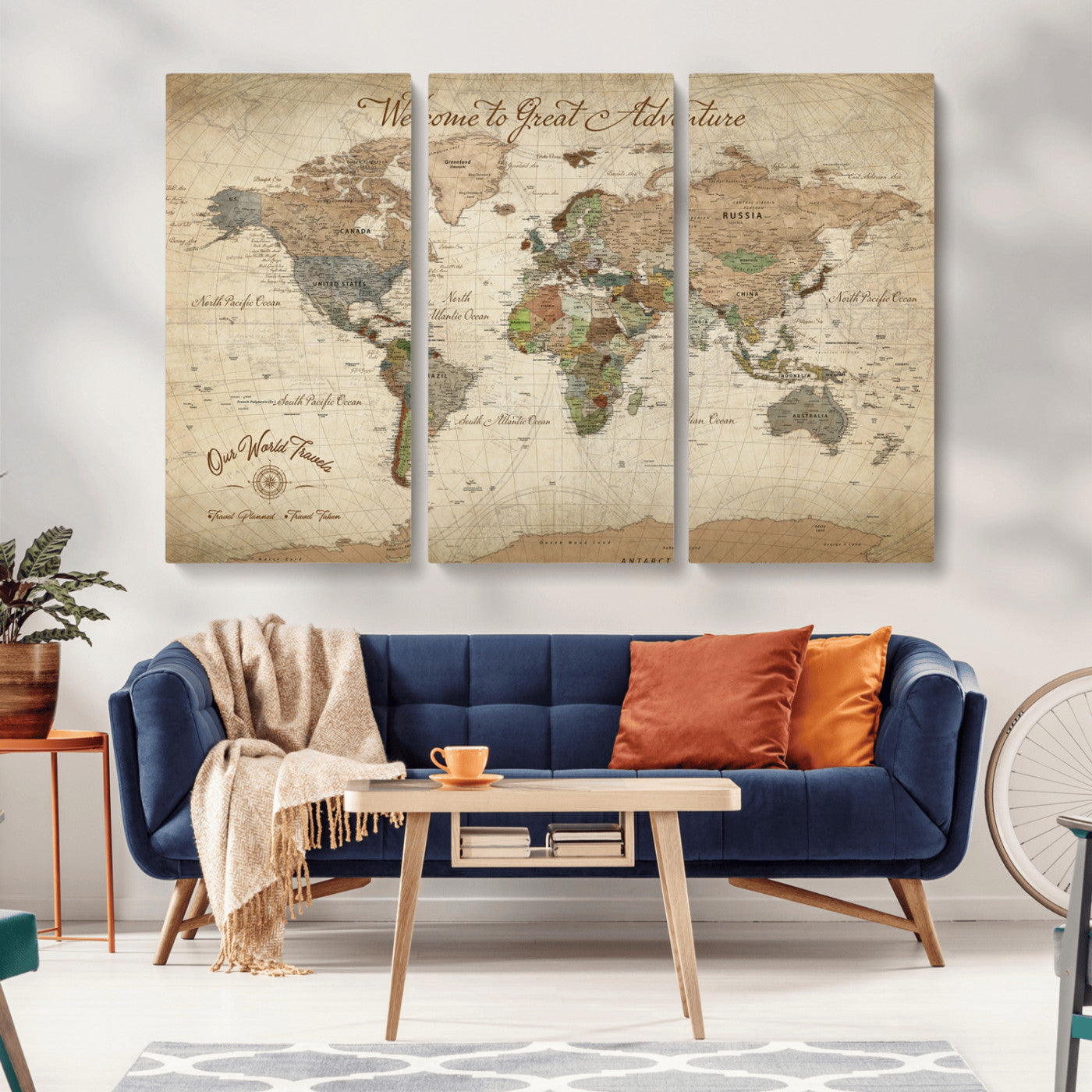 -Personalized Antique World Map Canvas Print – Custom Push Pin Travel Tracker Vintage Adventure Gift for Couples for Home, Office
