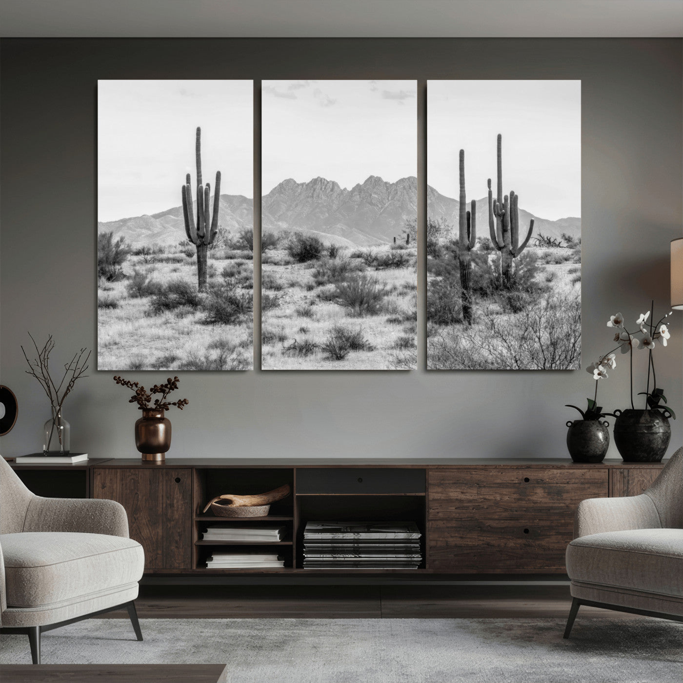 97436PHN-MGV-CV-36X24 - Black White Arizona Desert Canvas Wall Art Cactus Farmhouse Wall Art