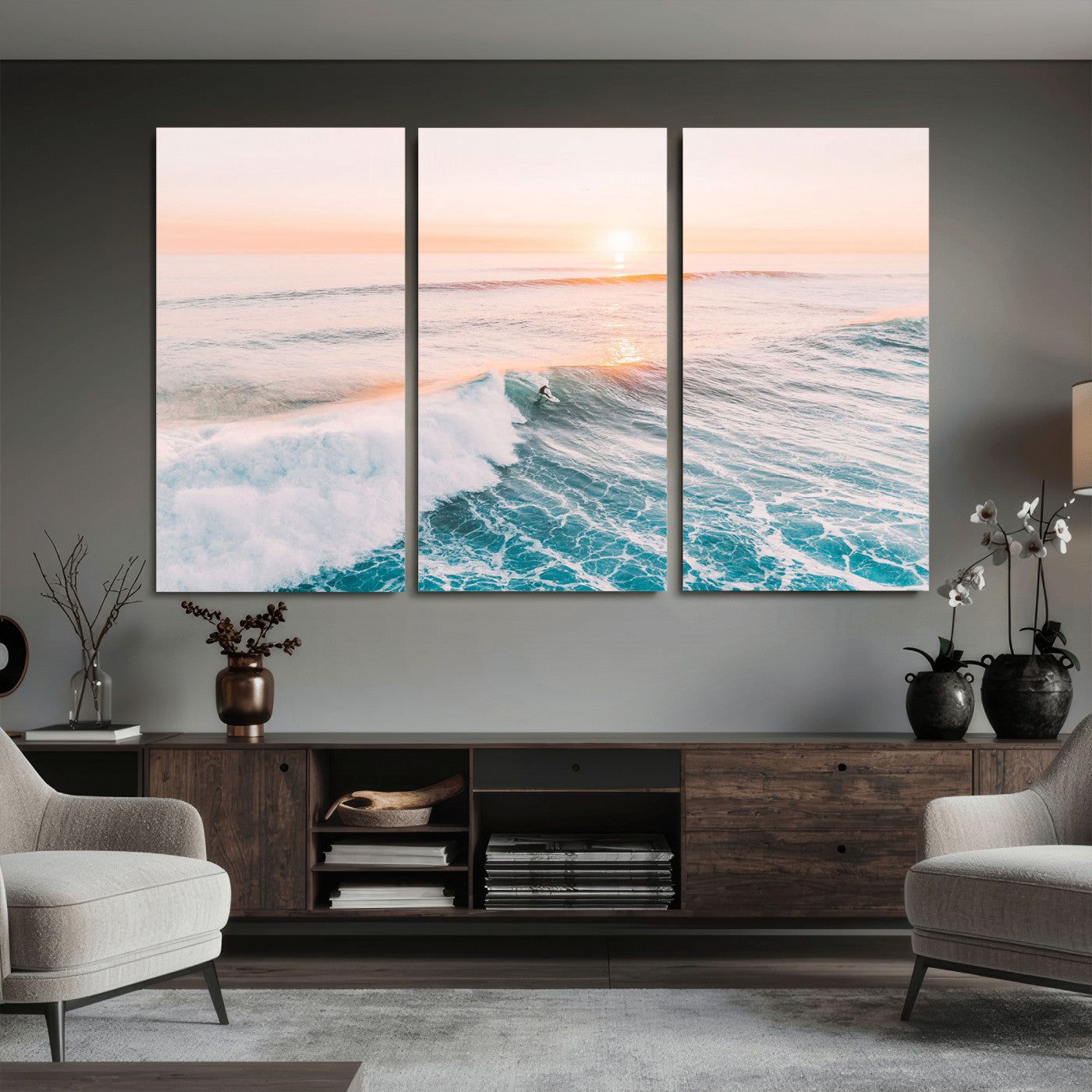 34064591-MGV-CV-36X24 - Sunset Surfing Wall Art Canvas Print, Ocean Wave Surfer with Golden Sky Artwork for Home, Office, Living Room