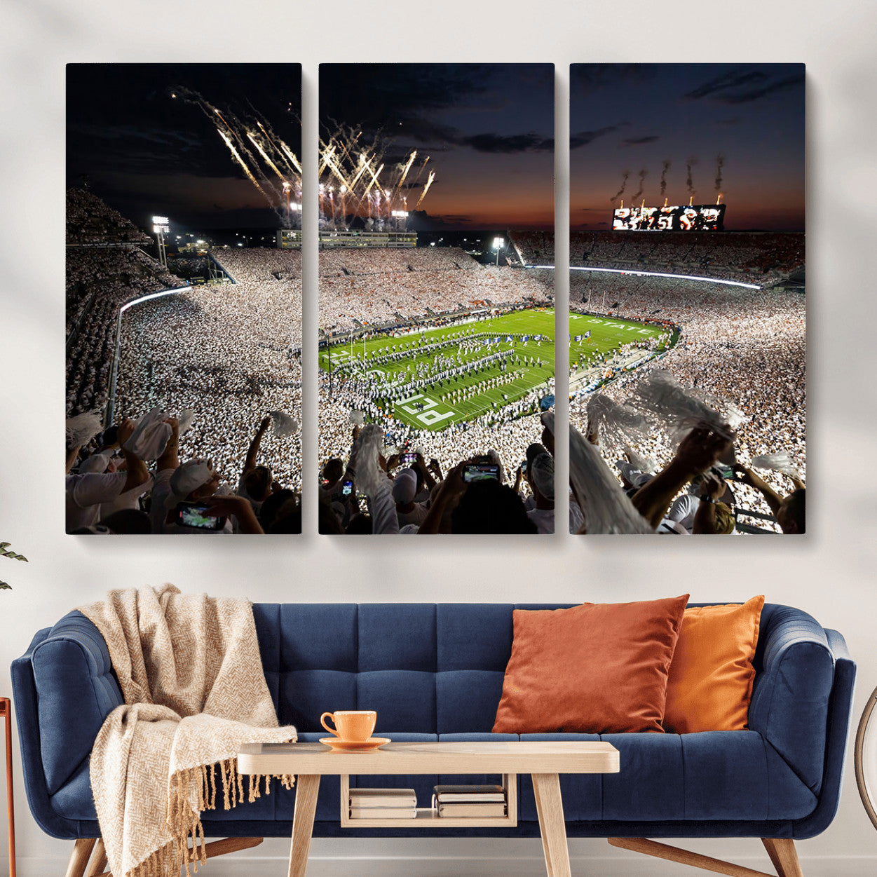 11221988-MGV-CV-48X32-3P - Epic Night Football Stadium Wall Art Canvas Print, Fireworks and Crowd Energy Game Day Excitement Decor for Home, Office