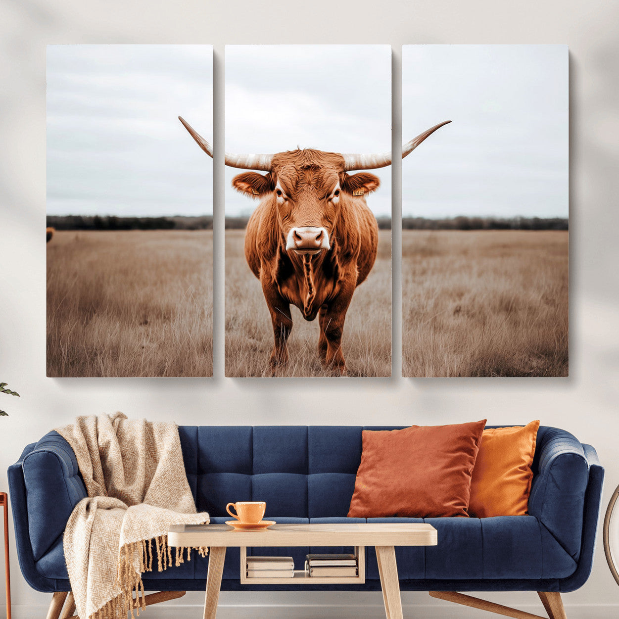 16316734-MGV-CV-48X32-3P - Longhorn bull, open field, rustic charm, natural beauty, Wall Art Canvas Print, countryside,