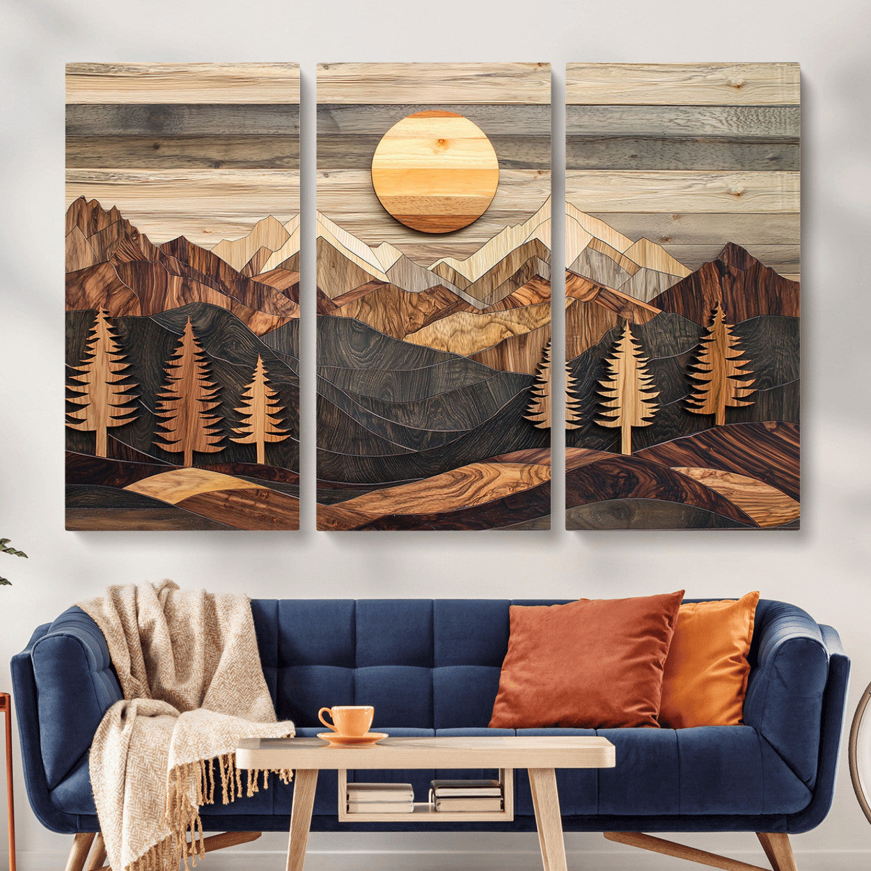 19832326-MGV-CV-48X32-3P - Wooden Mountain Landscape Layered Texture Geometric Shapes Sun Pine Trees Rustic Natural Tones Art