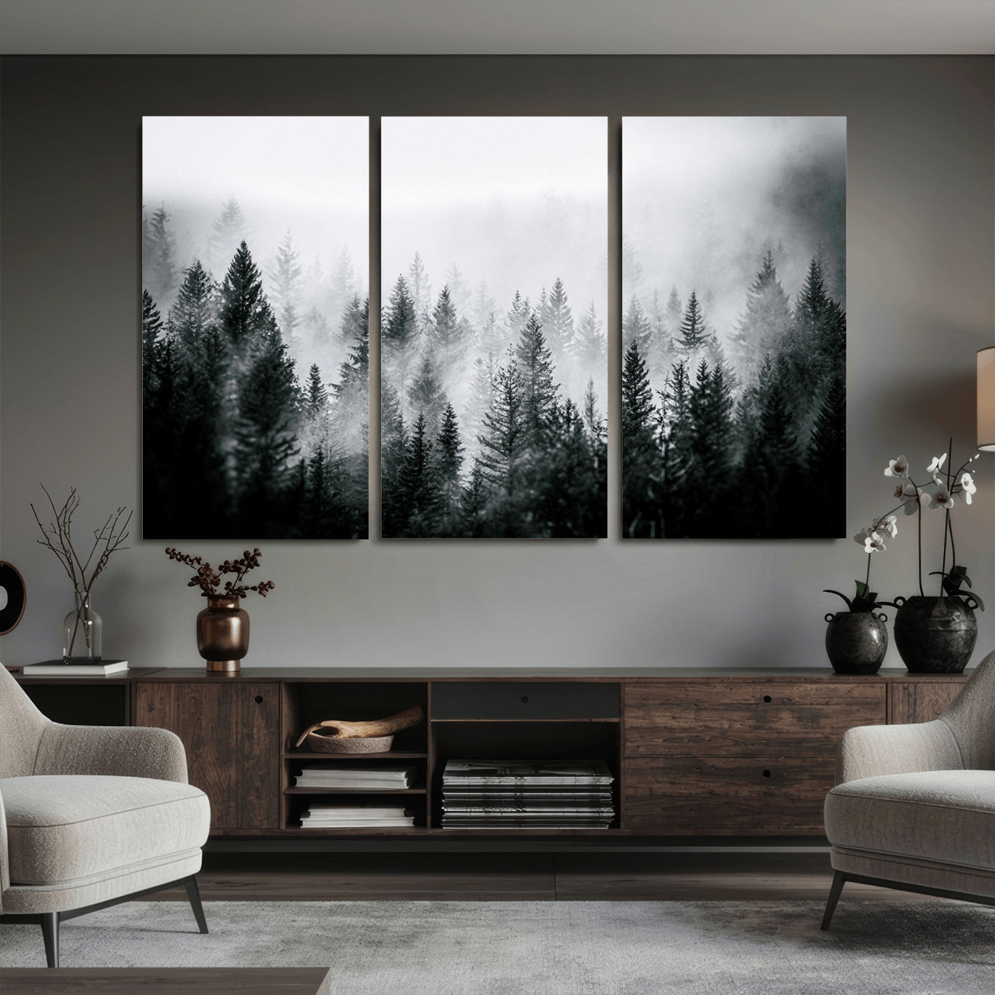 87750525-MGV-CV-36X24 - Foggy Forest Wall Art Canvas Print – Mountain Woodland Landscape Photography for Minimal Nature Home Decor