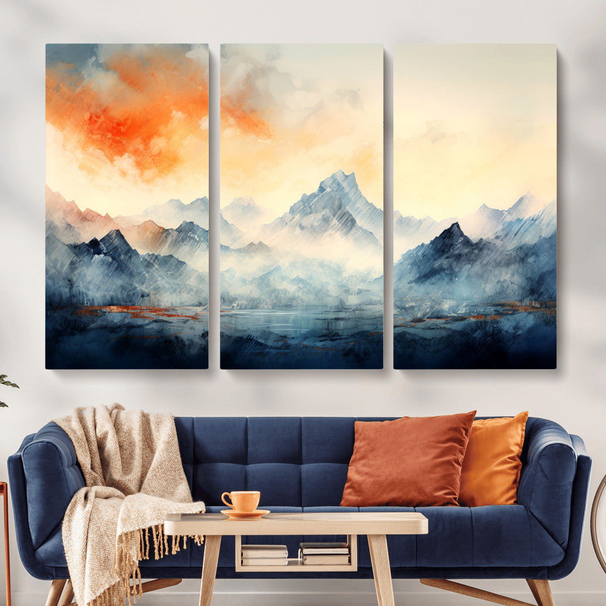 WRM1005-MGV-CV-48X32-3P - Warm Clouds Abstract Mountain Wall Art, Modern Landscape Canvas Print, Minimal Framed Artwork for Home, Office