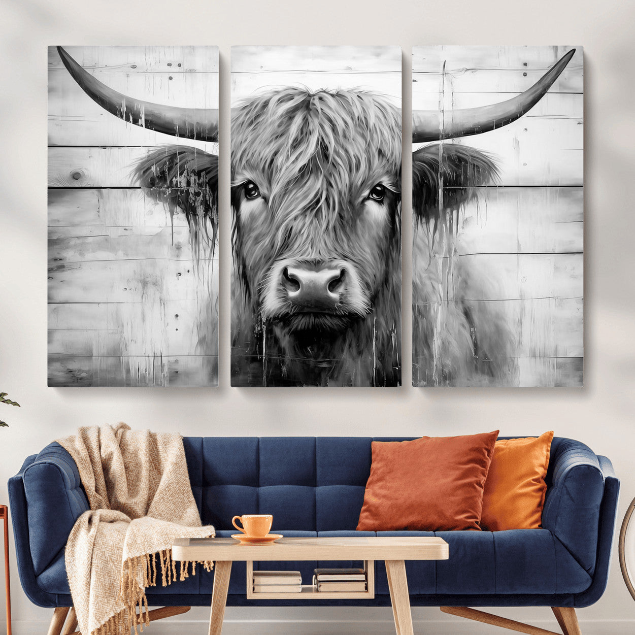 1001HASAN27-MGV-CV-48X32-3P - Black White Highland Cow Wall Art Canvas Print