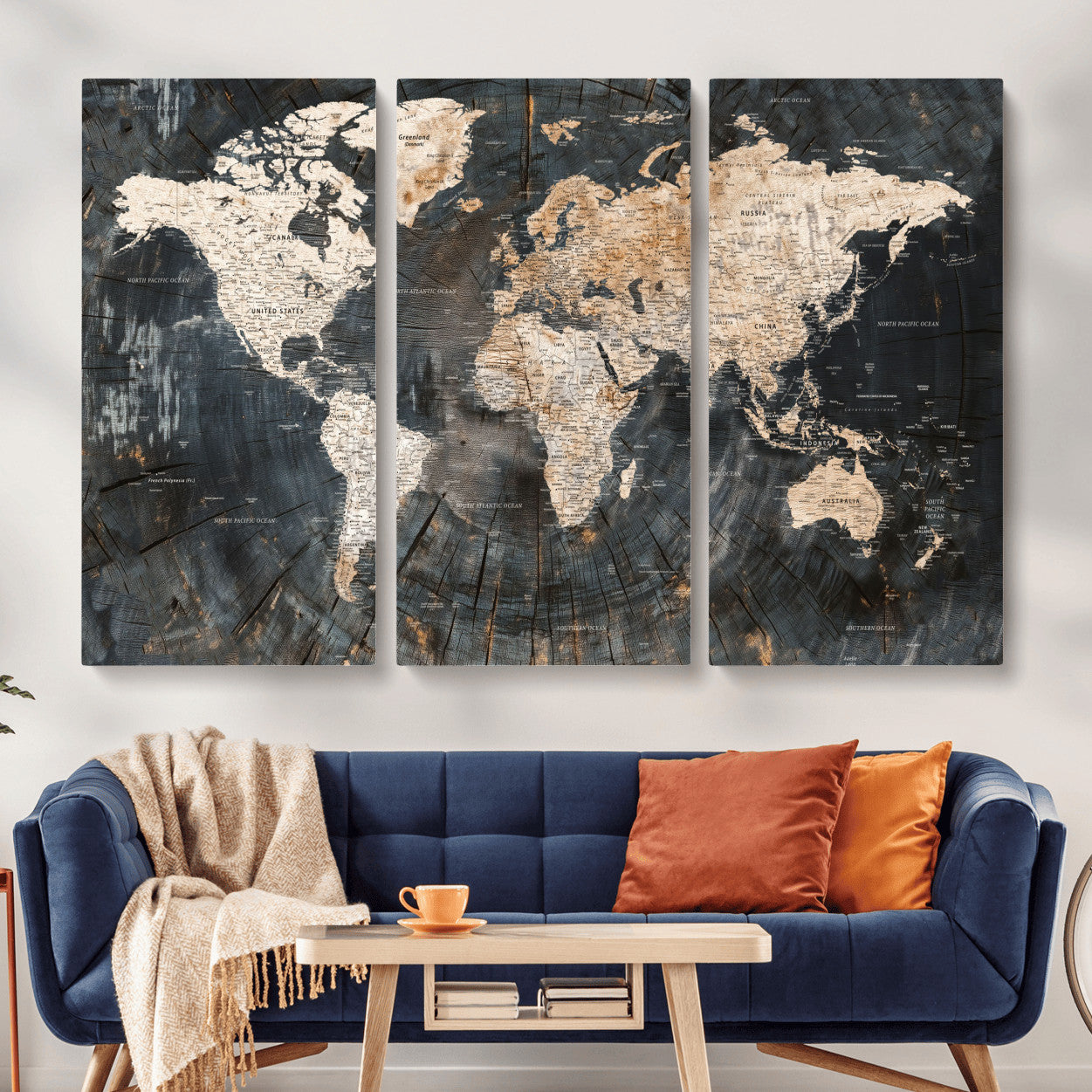 57626704-MGV-CV-48X32-3P - World Map Wall Art Canvas Print, Modern Decorative Framed Map Artwork Prints for Living Room, Office, Bedroom Wall Decor