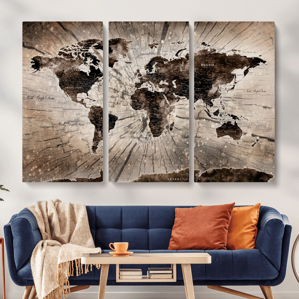 35326624-MGV-CV-48X32-3P - World Map Wall Art Canvas Print, Modern Decorative Framed Map Artwork Prints for Living Room, Office, Bedroom Wall Decor
