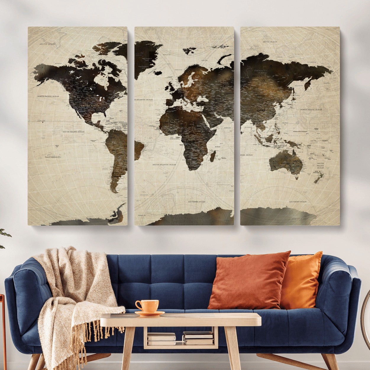 81771296-MGV-CV-48X32-3P - World Map Wall Art Canvas Print, Modern Decorative Framed Map Artwork Prints for Living Room, Office, Bedroom Wall Decor