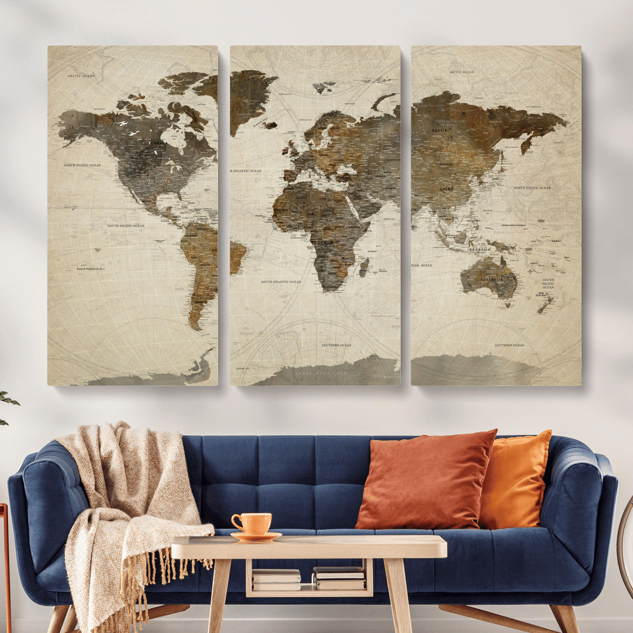 91849163-MGV-CV-48X32-3P - World Map Wall Art Canvas Print, Modern Decorative Framed Map Artwork Prints for Living Room, Office, Bedroom Wall Decor