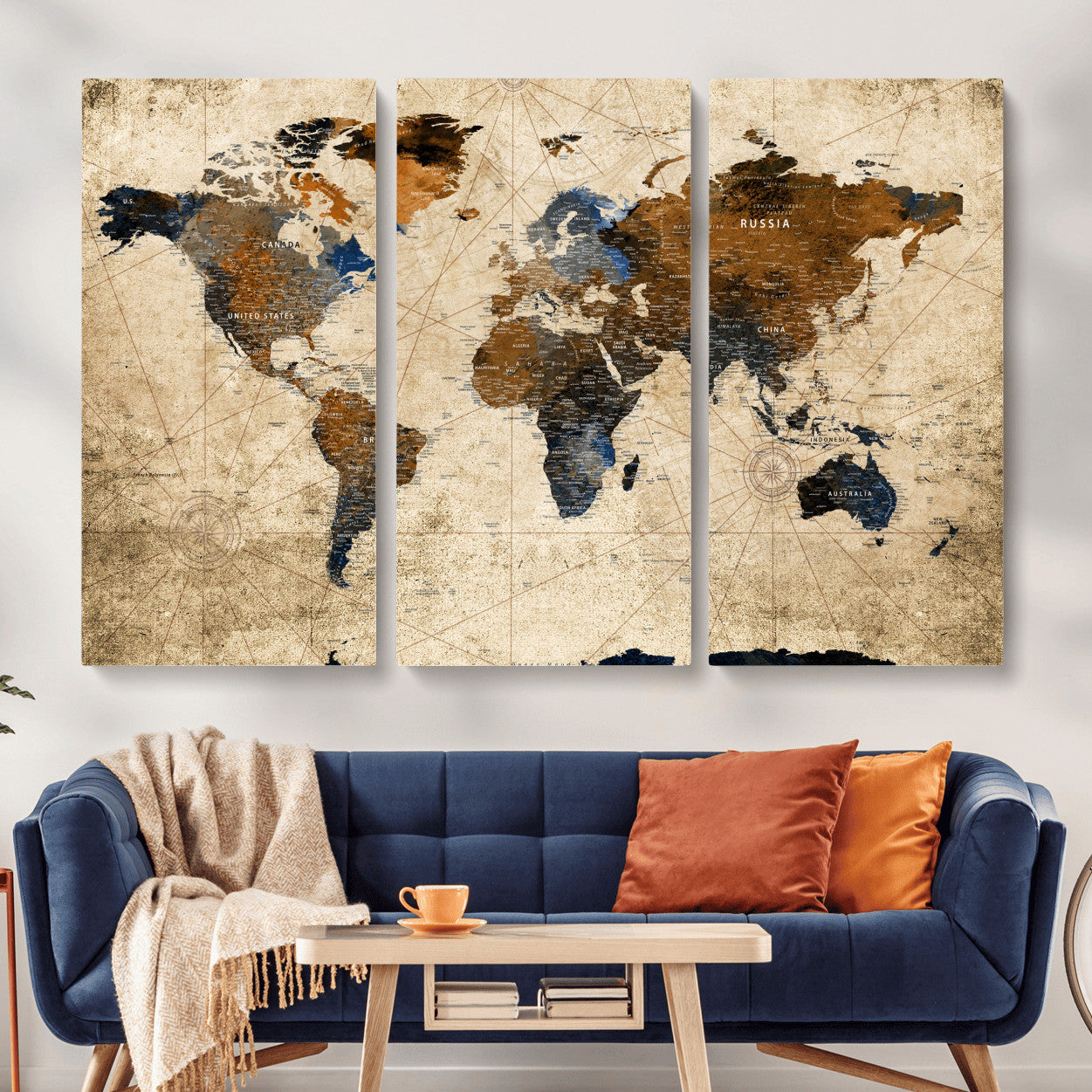 56297284-MGV-CV-48X32-3P - World Map Wall Art Canvas Print, Modern Decorative Framed Map Artwork Prints for Living Room, Office, Bedroom Wall Decor