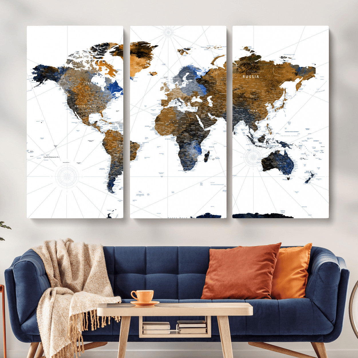 40862517-MGV-CV-48X32-3P - World Map Wall Art Canvas Print, Modern Decorative Framed Map Artwork Prints for Living Room, Office, Bedroom Wall Decor
