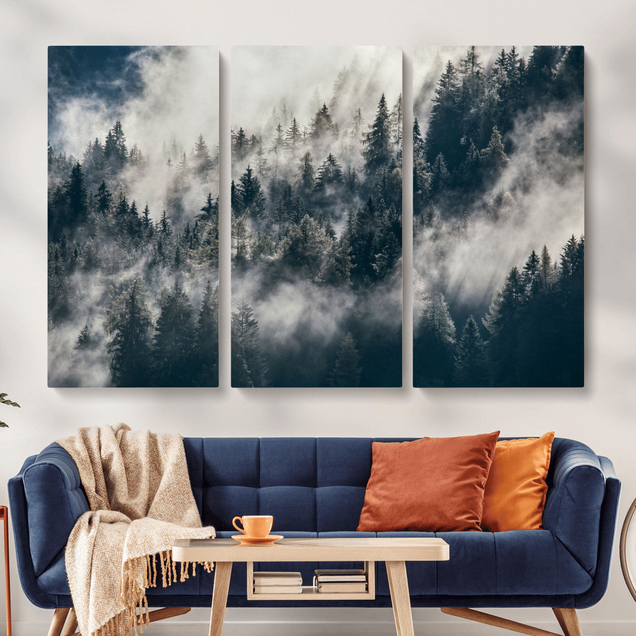 270372951-MGV-CV-48X32-3P - Misty Pine Forest Canvas Wall Art – Dark Forest Mountaing and Nature Landscape Print, Horizontal Canvas Print
