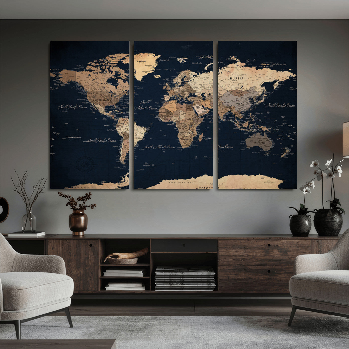 53971530-MGV-CV-36X24 - World Map Wall Art Canvas Print, Modern Decorative Framed Map Artwork Prints for Living Room, Office, Bedroom Wall Decor