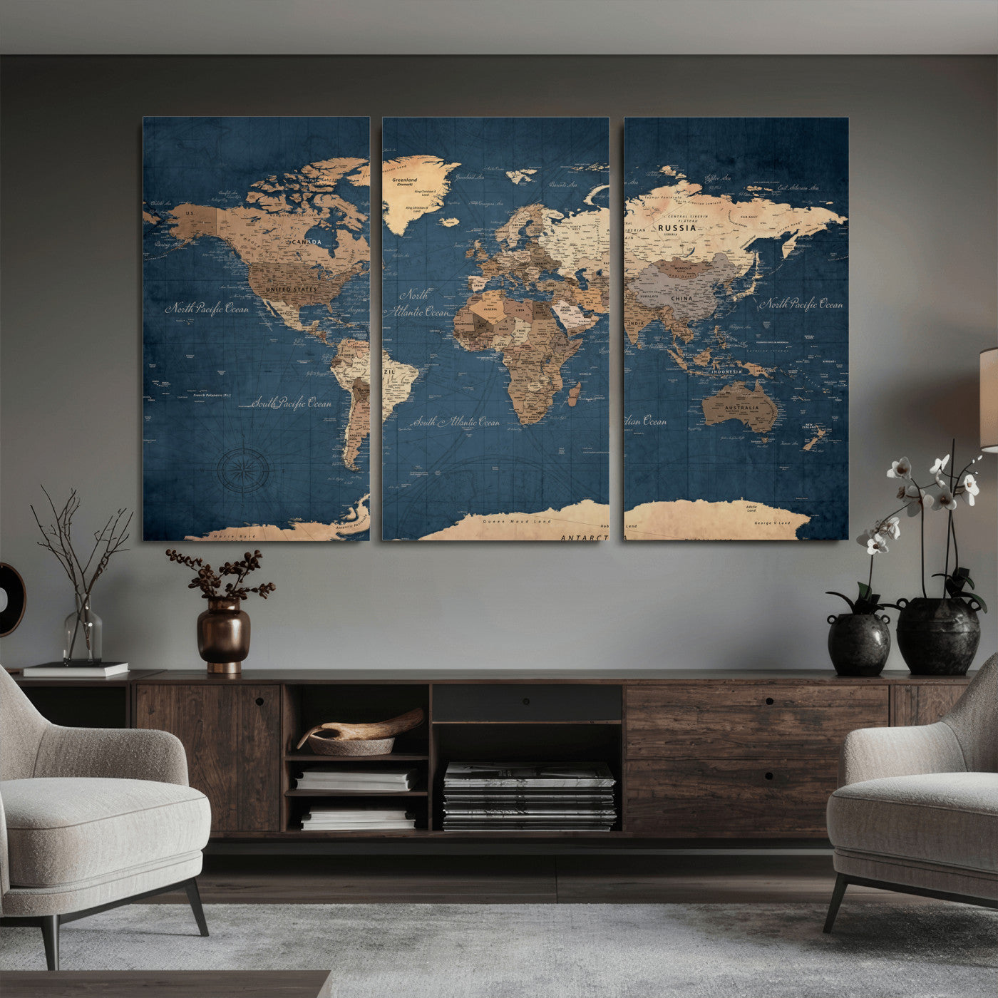 69886352-MGV-CV-36X24 - World Map Wall Art Canvas Print, Modern Decorative Framed Map Artwork Prints for Living Room, Office, Bedroom Wall Decor