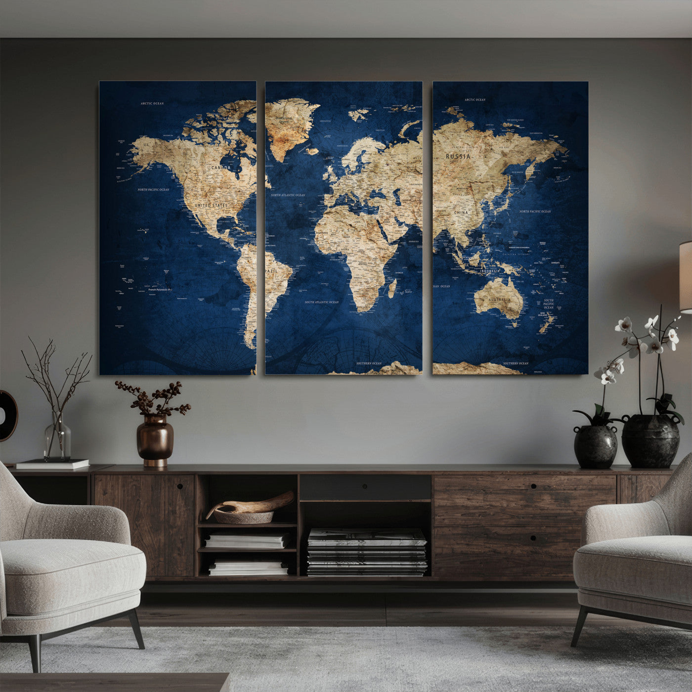 57503519-MGV-CV-36X24 - World Map Wall Art Canvas Print, Modern Decorative Framed Map Artwork Prints for Living Room, Office, Bedroom Wall Decor