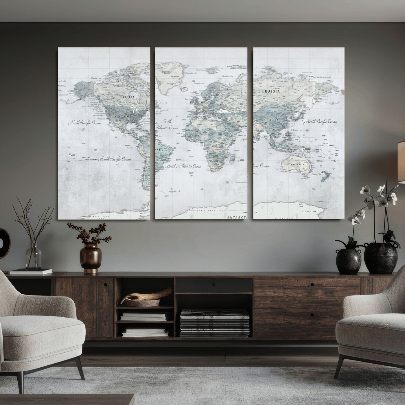 71091917-MGV-CV-36X24 - World Map Wall Art Canvas Print, Modern Decorative Framed Map Artwork Prints for Living Room, Office, Bedroom Wall Decor