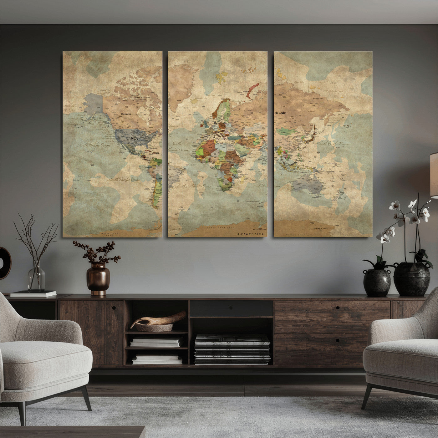 31492148-MGV-CV-36X24 - World Map Wall Art Canvas Print, Modern Decorative Framed Map Artwork Prints for Living Room, Office, Bedroom Wall Decor