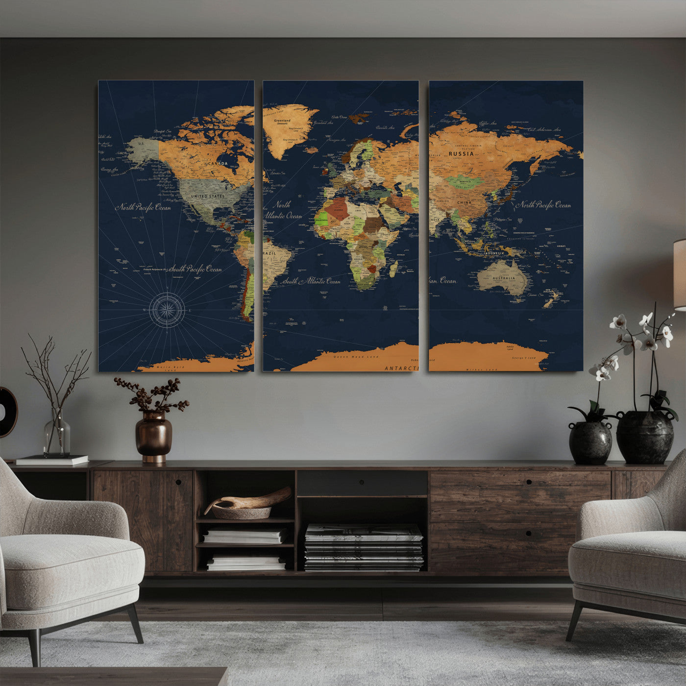 11715182-MGV-CV-36X24 - World Map Wall Art Canvas Print, Modern Decorative Framed Map Artwork Prints for Living Room, Office, Bedroom Wall Decor