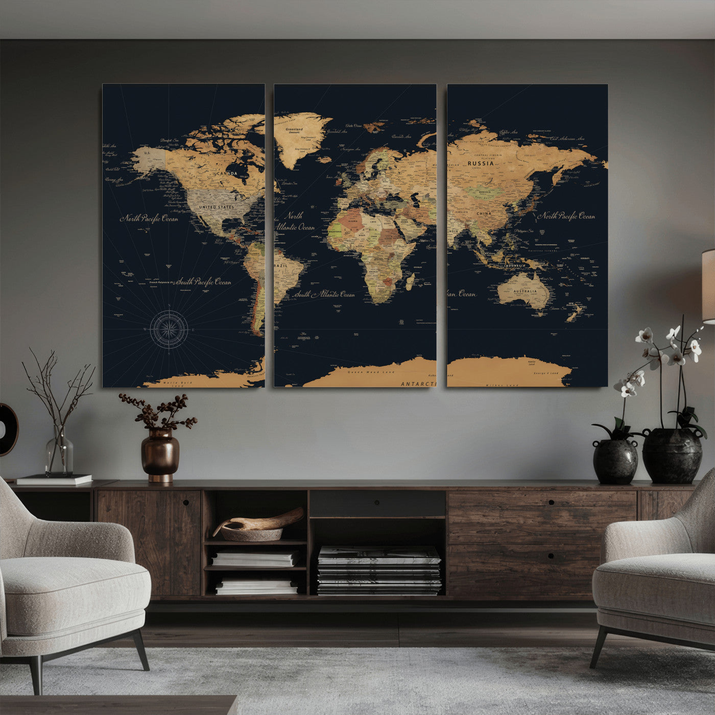 87280374-MGV-CV-36X24 - World Map Wall Art Canvas Print, Modern Decorative Framed Map Artwork Prints for Living Room, Office, Bedroom Wall Decor