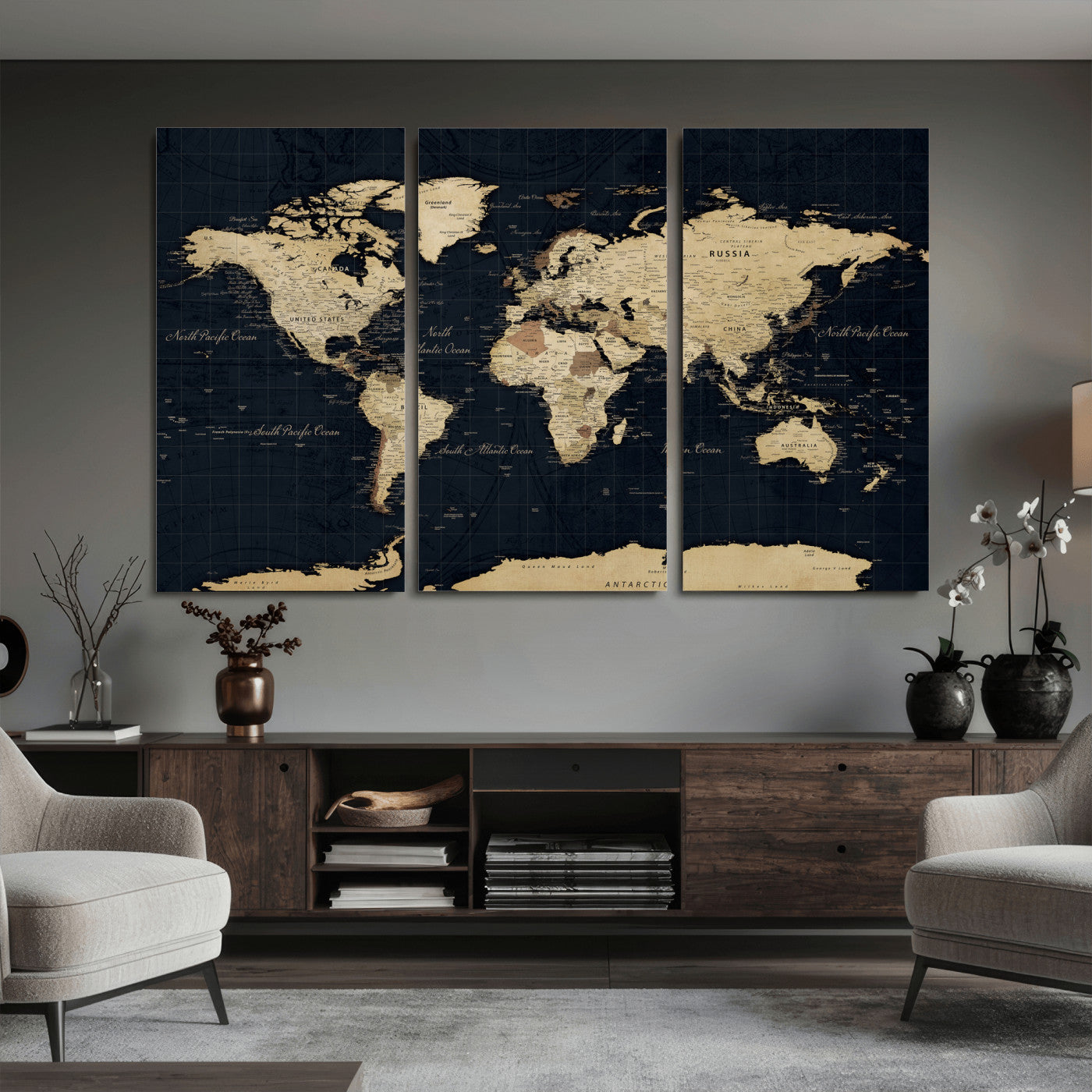 45063434-MGV-CV-36X24 - World Map Wall Art Canvas Print, Modern Decorative Framed Map Artwork Prints for Living Room, Office, Bedroom Wall Decor