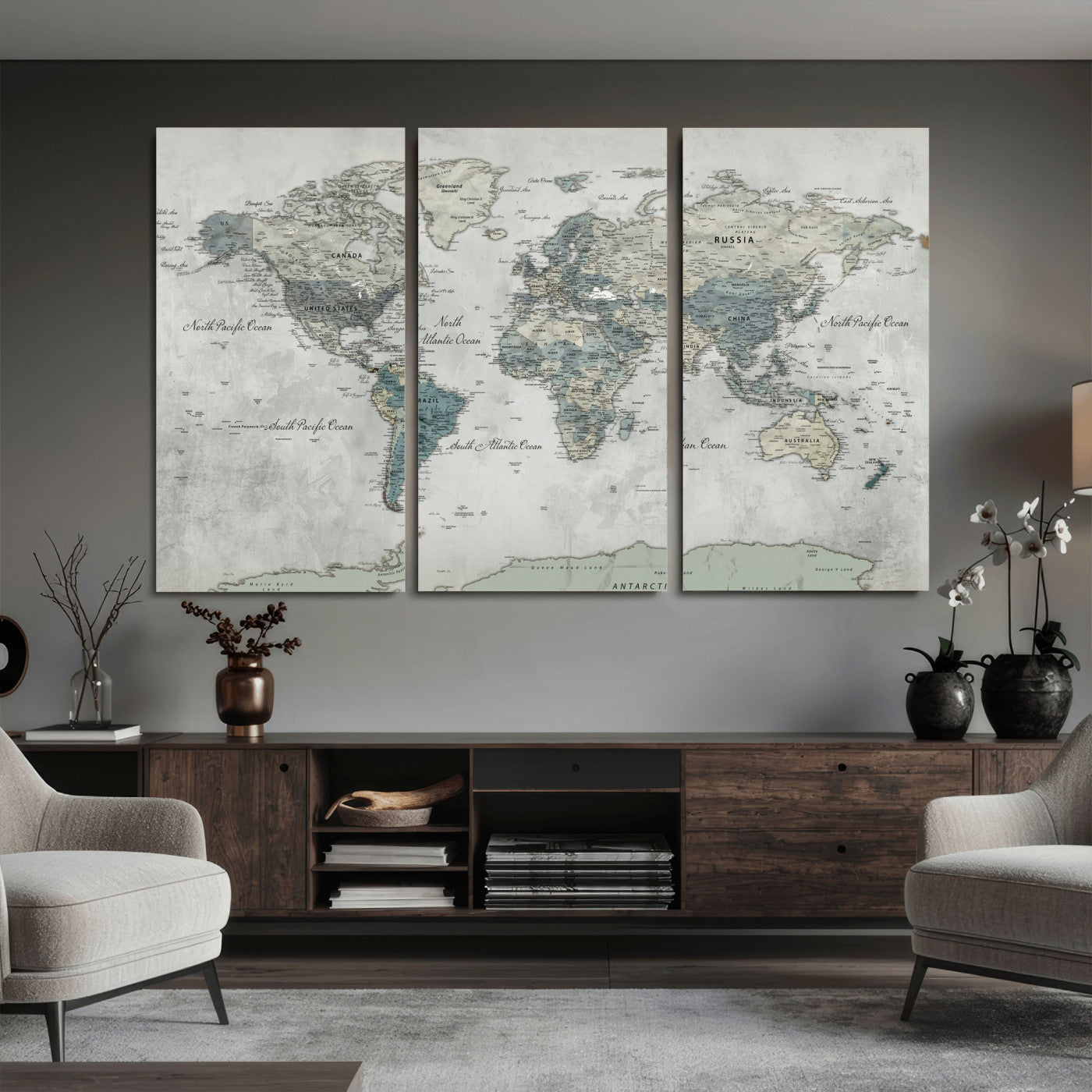 91132939-MGV-CV-36X24 - World Map Wall Art Canvas Print, Modern Decorative Framed Map Artwork Prints for Living Room, Office, Bedroom Wall Decor