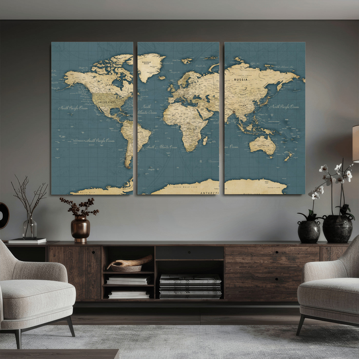 99599383-MGV-CV-36X24 - World Map Wall Art Canvas Print, Modern Decorative Framed Map Artwork Prints for Living Room, Office, Bedroom Wall Decor