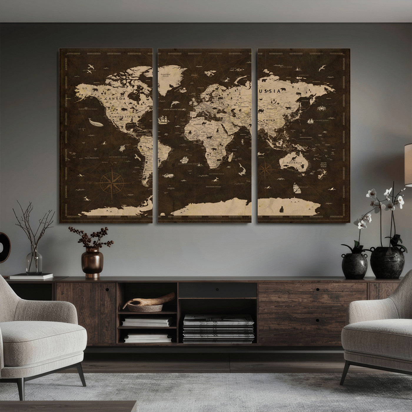44276398-MGV-CV-36X24 - World Map Wall Art Canvas Print, Modern Decorative Framed Map Artwork Prints for Living Room, Office, Bedroom Wall Decor