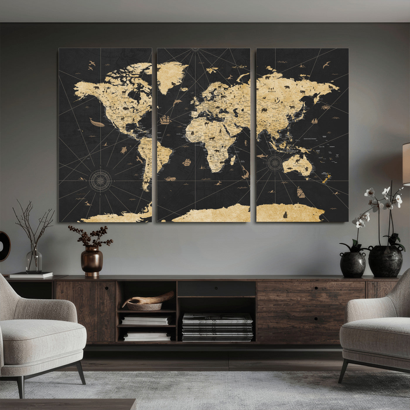 80270976-MGV-CV-36X24 - World Map Wall Art Canvas Print, Modern Decorative Framed Map Artwork Prints for Living Room, Office, Bedroom Wall Decor