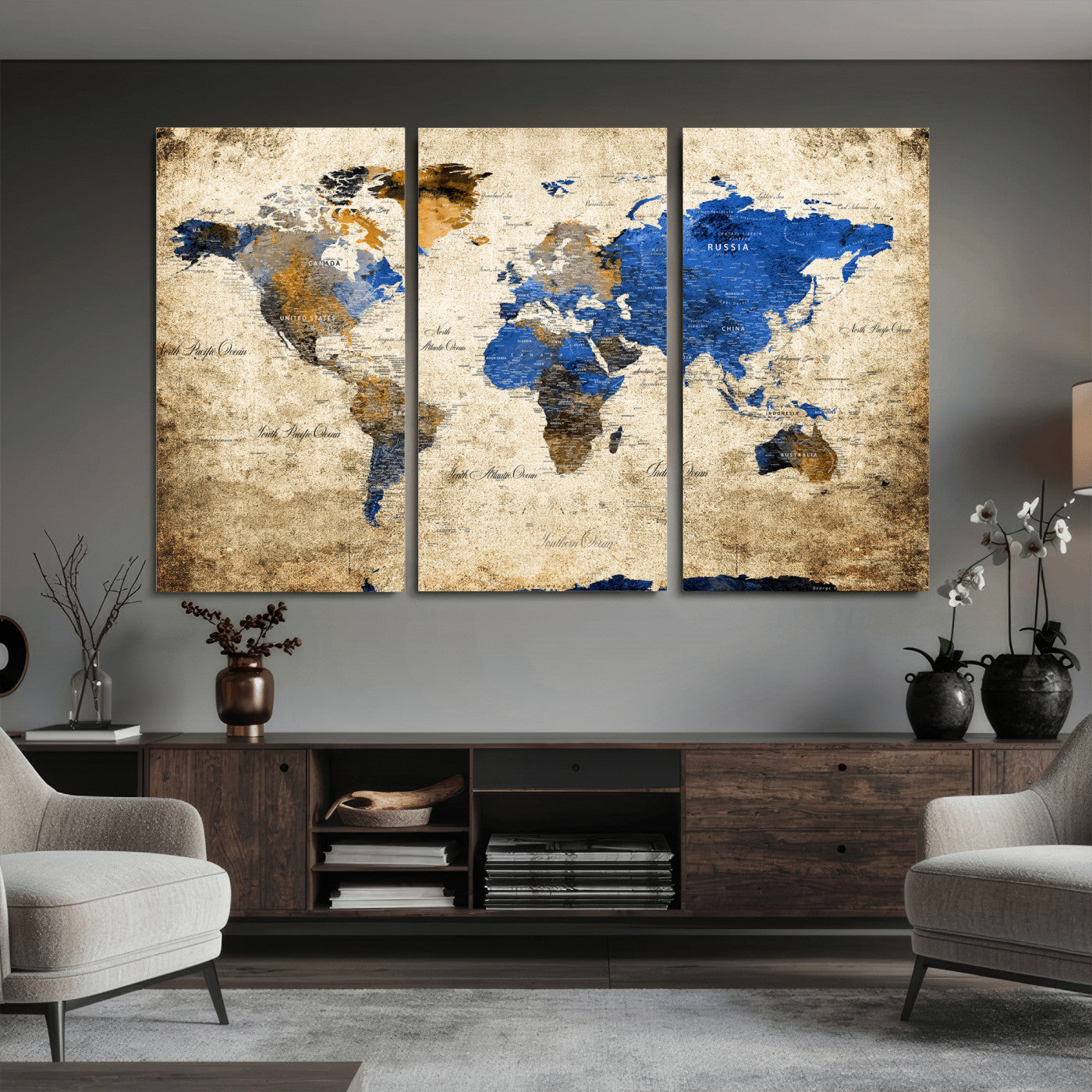 27314341-MGV-CV-36X24 - World Map Wall Art Canvas Print, Modern Decorative Framed Map Artwork Prints for Living Room, Office, Bedroom Wall Decor