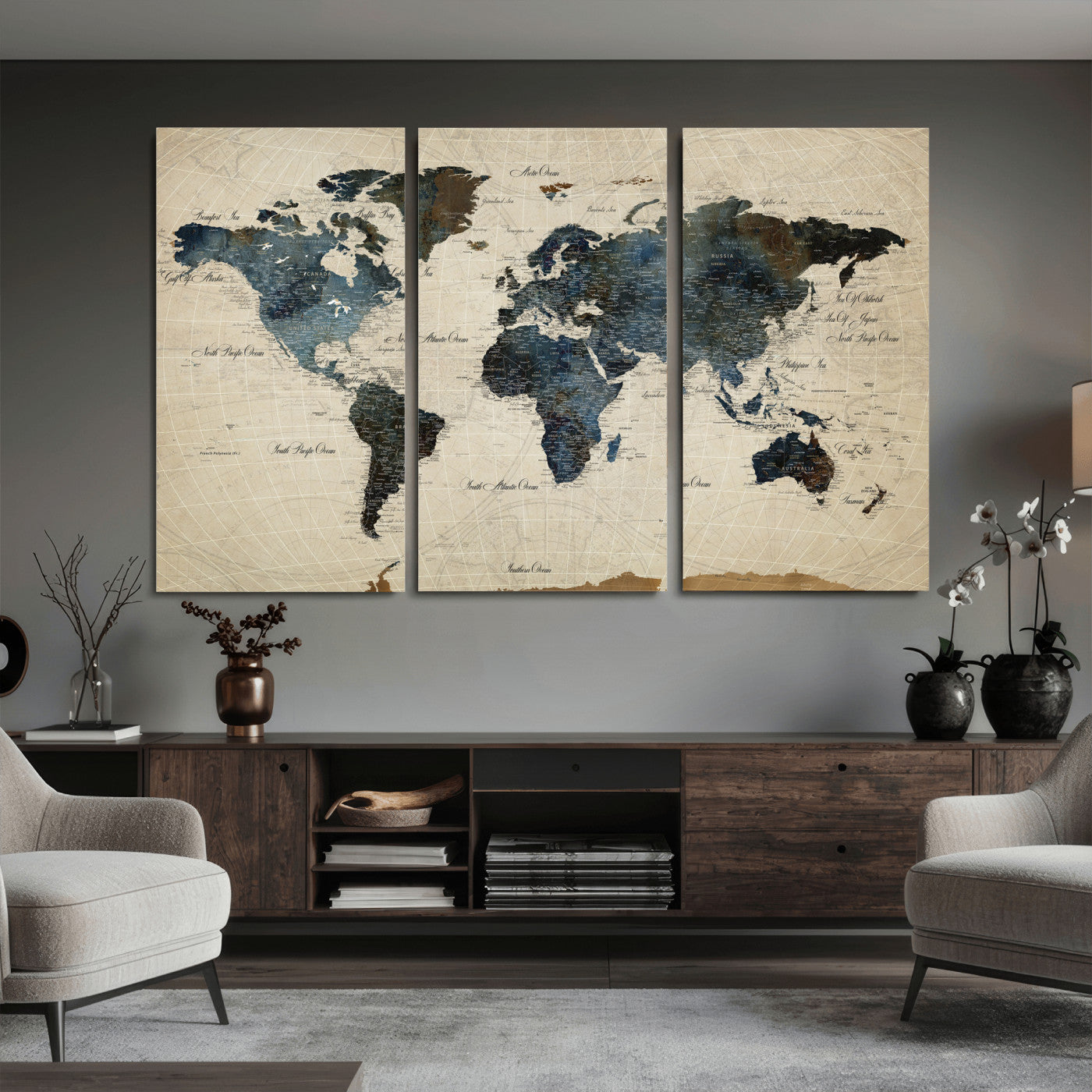 72927803-MGV-CV-36X24 - World Map Wall Art Canvas Print, Modern Decorative Framed Map Artwork Prints for Living Room, Office, Bedroom Wall Decor