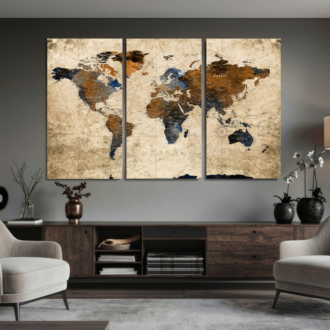 27163414-MGV-CV-36X24 - World Map Wall Art – Rustic Earth Tone Canvas Print, Antique Travel Map Design for Living Room, Office or Study, Classic Adventure Decor