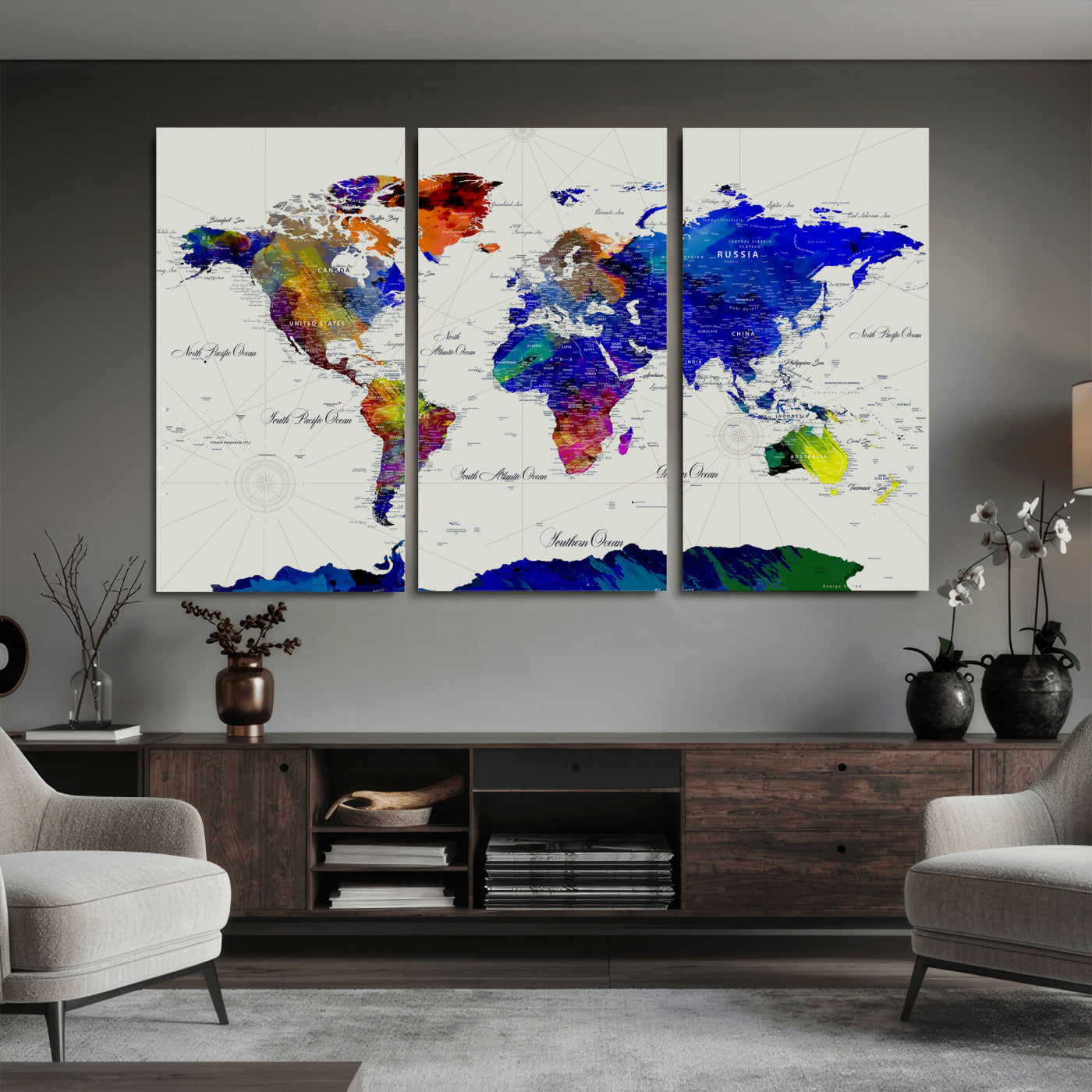 49670038-MGV-CV-36X24 - World Map Wall Art Canvas Print, Modern Decorative Framed Map Artwork Prints for Living Room, Office, Bedroom Wall Decor