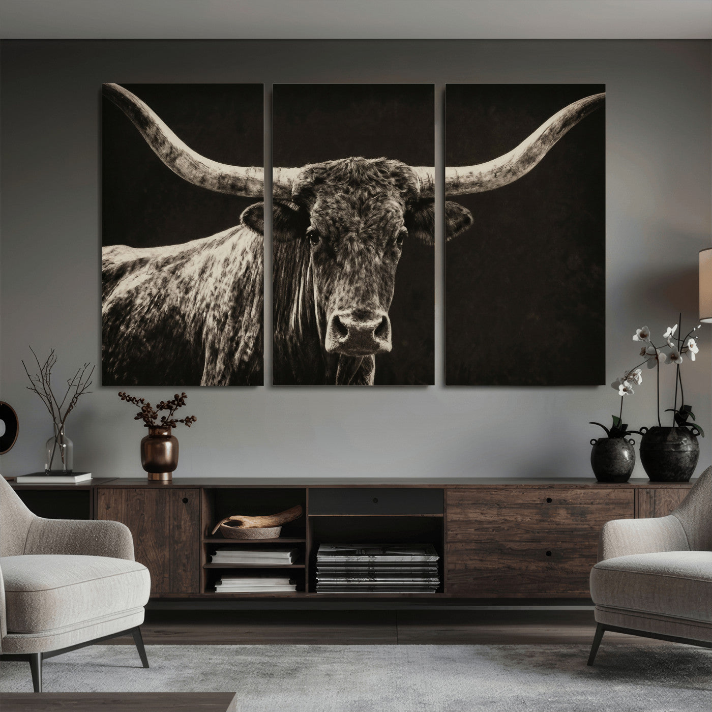 74513721-MGV-CV-36X24 - Vintage Texas Longhorn Bull Wall Art Canvas Print, Cow Portrait Photography Print, Framed Wall Art Ready to Hang