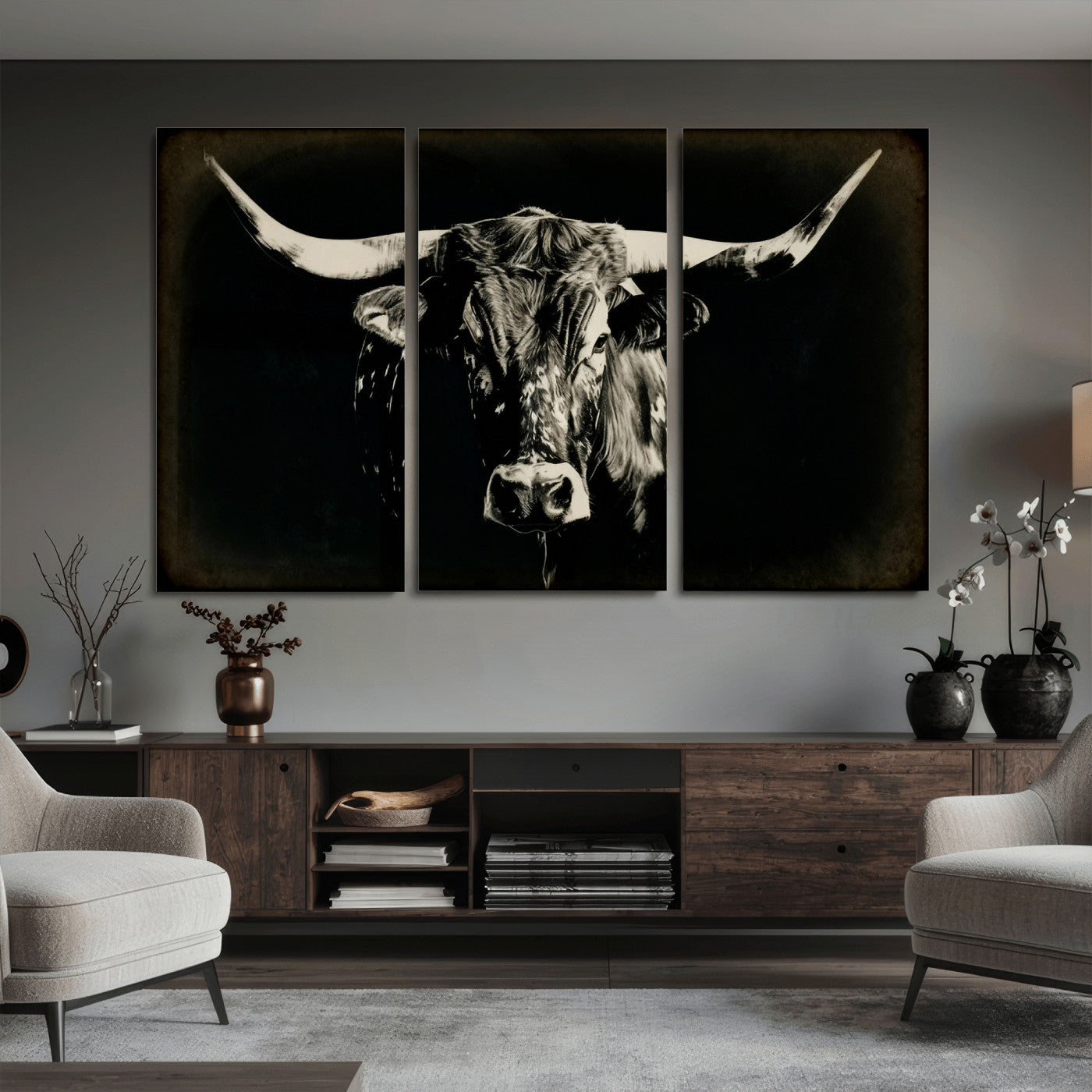 91364114-MGV-CV-36X24 - Black Bull Wall Art Canvas Print, Texas Longhorn Portrait Print, Framed Wall Art Ready to Hang