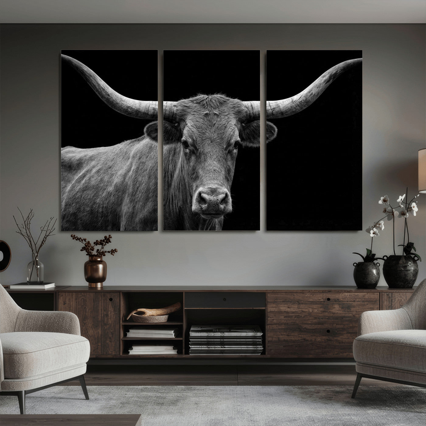 32601430-MGV-CV-36X24 - Texas Longhorn Bull Wall Art Canvas Print, Cow Portrait Photography, Framed Wall Art Ready to Hang