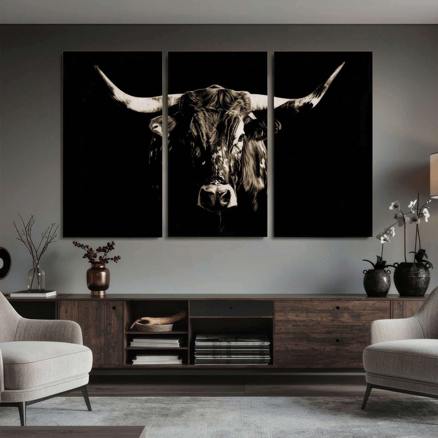75774468-MGV-CV-36X24 - Black Bull Wall Art Canvas Print, Dark Longhorn Portrait Photography, Framed Wall Art Ready to Hang