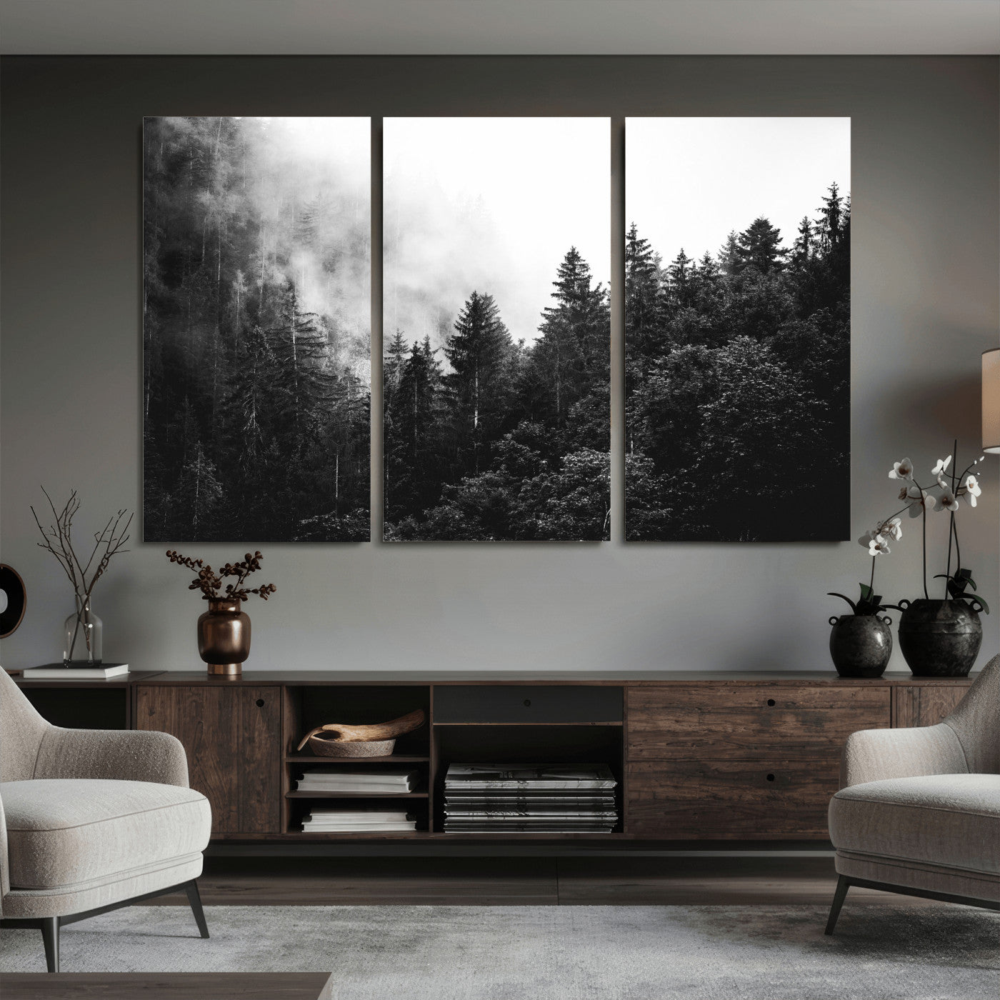 98764151-MGV-CV-36X24 - Black and White Forest Wall Art Canvas Print, Misty Pine Tree Landscape Photography, Framed Wall Art Ready to Hang