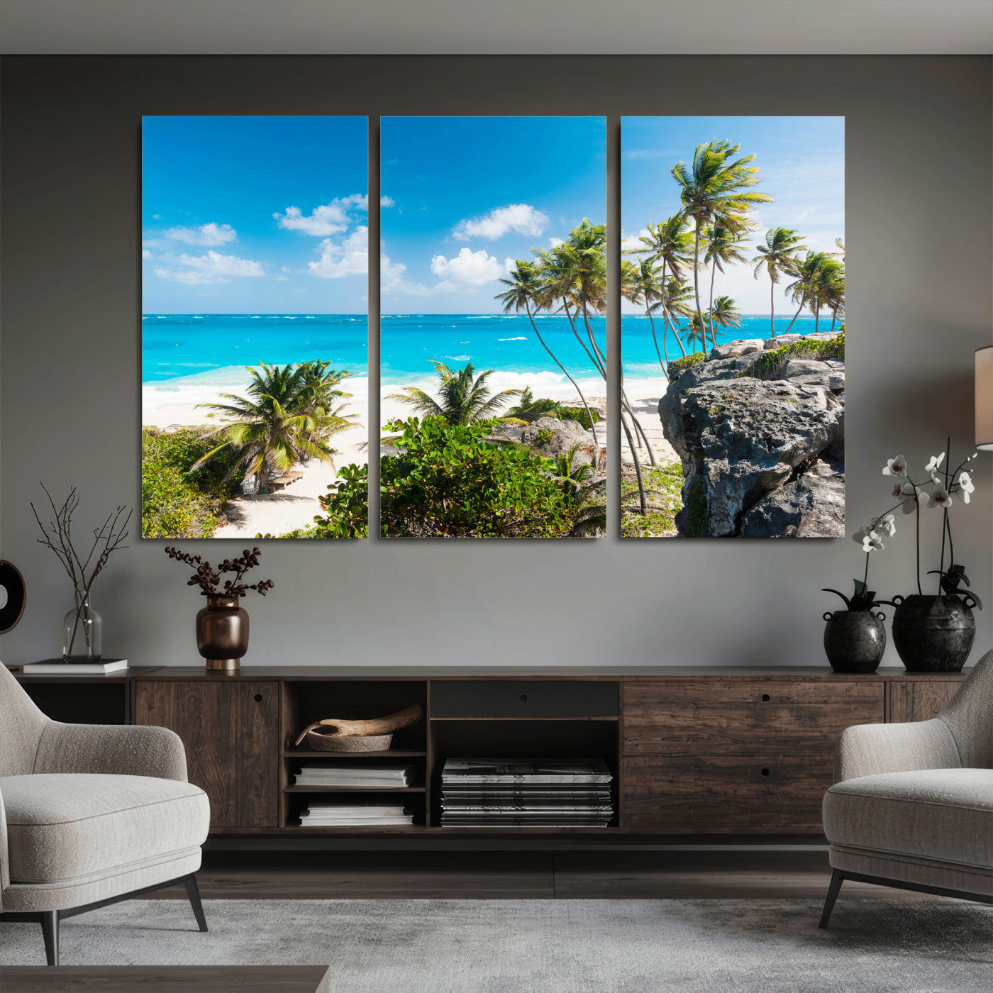 79995168-MGV-CV-36X24 - Barbados Beach Wall Art Canvas Print, Palm Tree Ocean Landscape, Turquoise Sea Coastal Photography, Tropical Island Wall Decor, Framed Ready to Hang