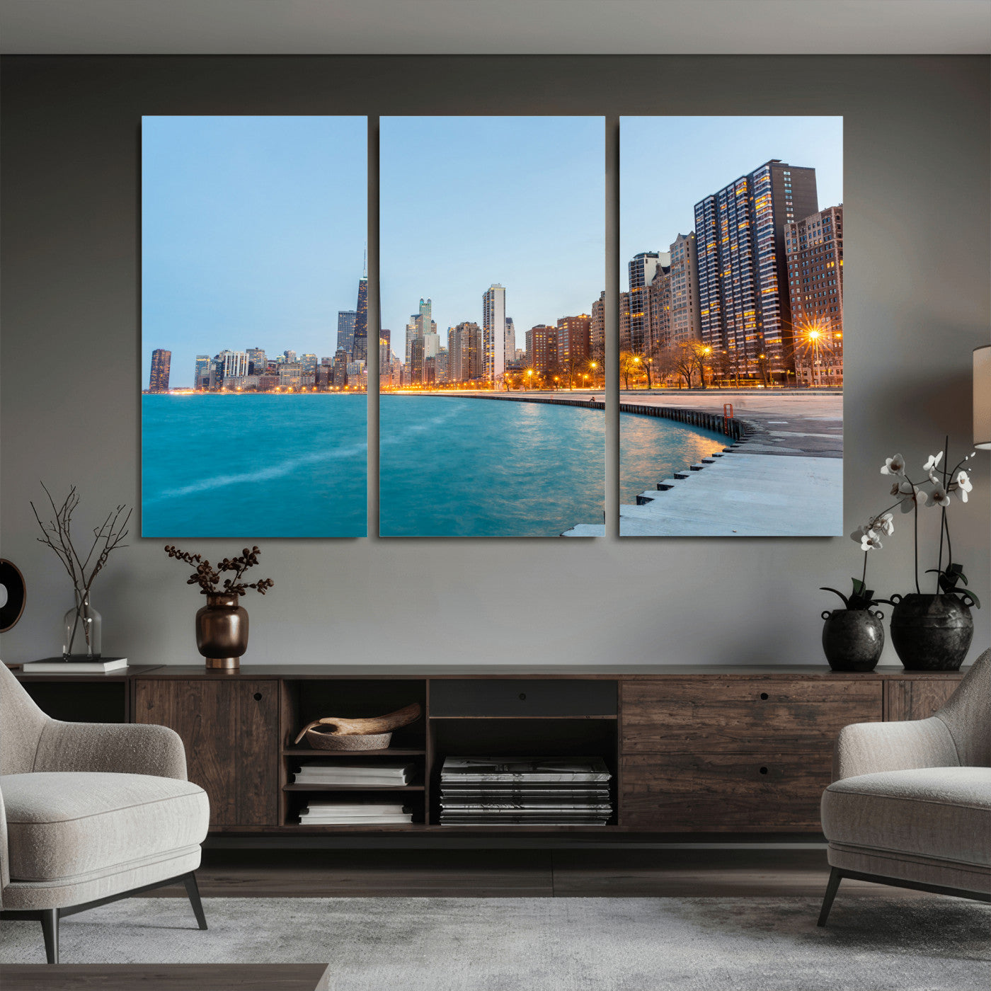 66780141-MGV-CV-36X24 - Chicago Wall Art Canvas Print, Chicago City Downtown Night Cityscape Print for Modern Urban Wall Decor