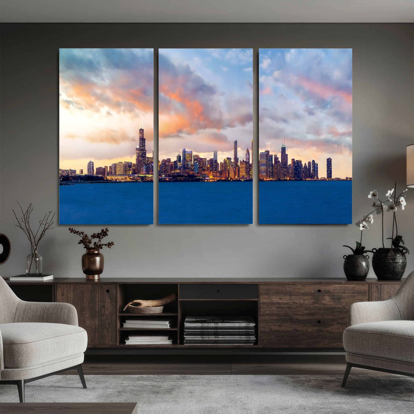 34667960-MGV-CV-36X24 - Chicago Wall Art Canvas Print, Chicago City Downtown Night Cityscape Print for Modern Urban Wall Decor
