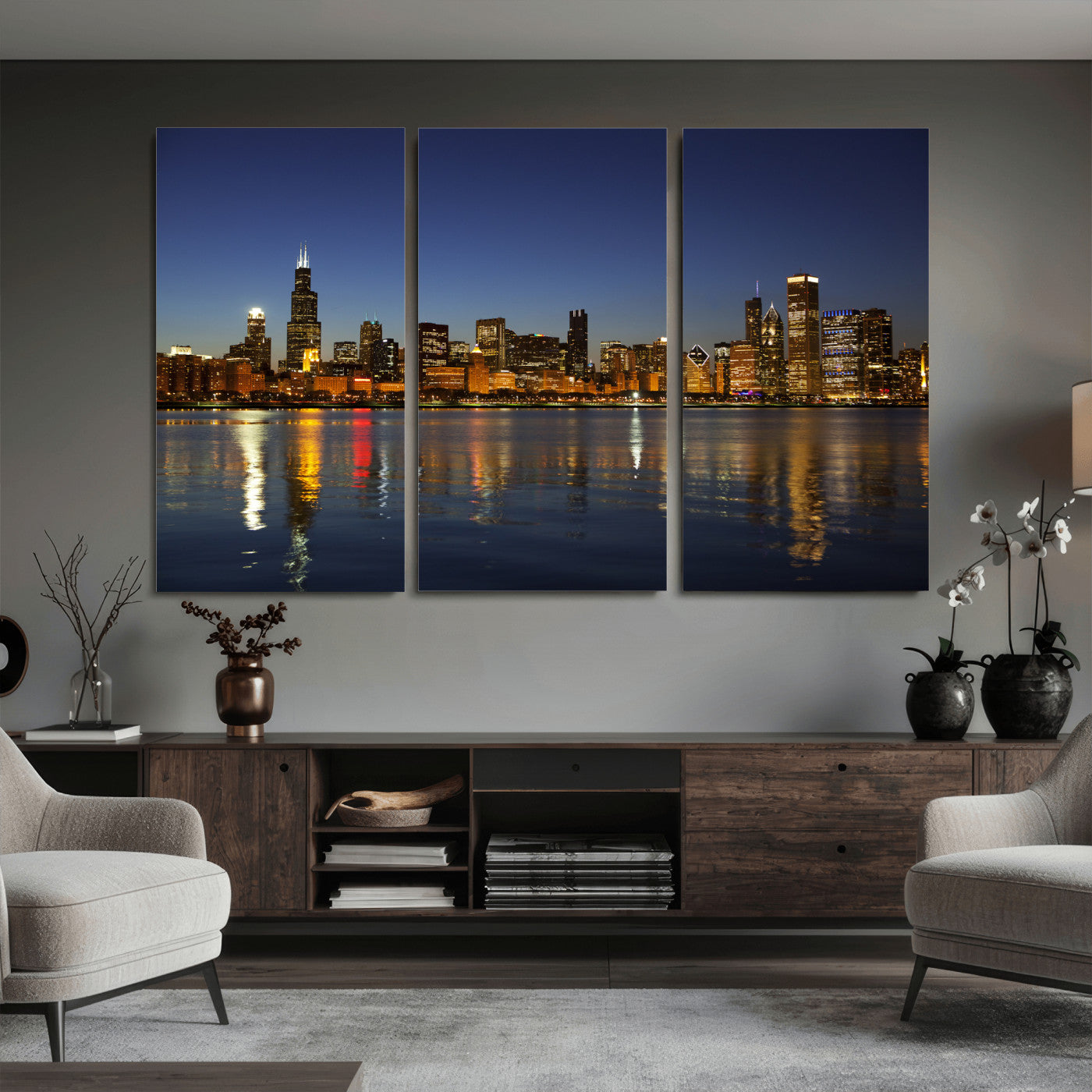 67308035-MGV-CV-36X24 - Chicago Wall Art Canvas Print, Chicago City Downtown Night Cityscape Print for Modern Urban Wall Decor